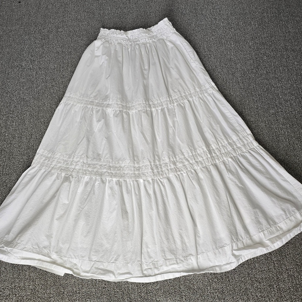Quince Organic Cotton Tiered Maxi Skirt Womens XS White Cottagecore Boho Pocket